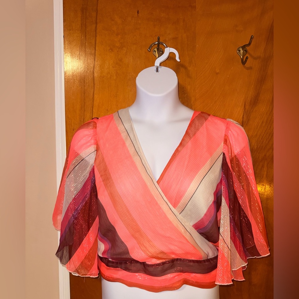 Express Pink and Brown Striped Wrap Blouse